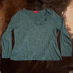 ELLE - long sleeve blue/green shirt. Sheer ruffle detail on neckline. SZ XL